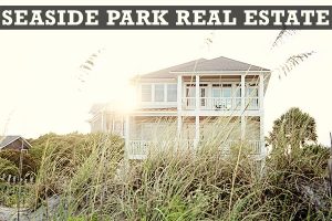 Seaside Park real estate in text on picture of beach house back lit by setting sun with beach grass all around